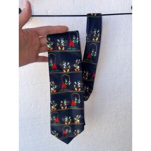 Vintage Mickey Unlimited 100%‎ Silk Necktie Disney Fishing Mickey Goofy Navy